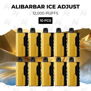 Ten yellow-and-black disposable vape devices labeled ALIBARBAR ICE ADJUST, 12,000 puffs, arranged in two rows with a 10 PCS badge.