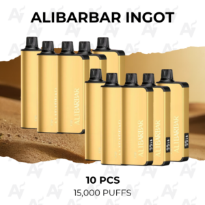 Ten gold disposable vape devices arranged on desert sand; the image shows 10 pcs and 15,000 puffs.