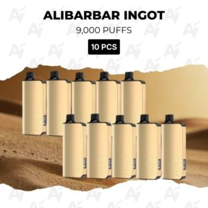 Ten beige disposable vape pens arranged on a desert background with the label 'ALIBARBAR INGOT 9,000 PUFFS' and a '10 PCS' badge.
