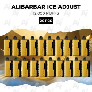 Row of yellow vape devices lined up in two rows, with bold 'ALIBARBAR ICE ADJUST' and '20 PCS' text above, indicating 12,000 puffs.