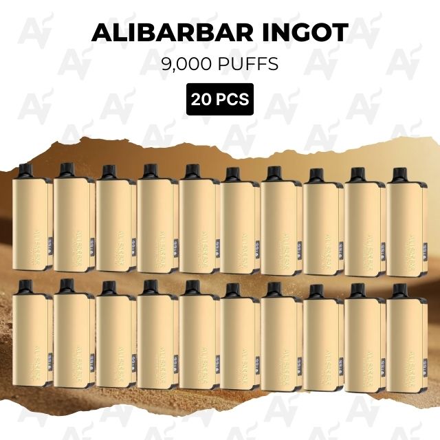 20 Pcs – Alibarbar Ingot 9000 Puffs - Just Vapes Australia - Two Rows of Beige Disposable Vape Devices on a Rocky Desert Backdrop, with Text Reading '9,000 Puffs' and '20 Pcs'.