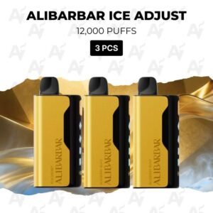 Three yellow-and-black ALIBARBAR vape devices in a 3-pack, labeled ICE ADJUST, 12,000 puffs.