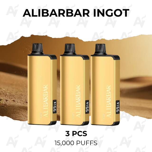 3 Pcs – Alibarbar Ingot 15000 Puffs - Just Vapes Australia - 3-pcs-alibarbar-ingot-15000-puffs - Just Vapes Australia 3 Pcs – Alibarbar Ingot 15000 Puffs - Just Vapes Australia - Three Gold Ingot-shaped Containers Labeled Alibarbar Ingot, Arranged in a Row with Desert Backdrop; Shows '3 Pcs' and '15,000 Puffs'