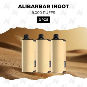 Three gold Alibarbar Ingot vape devices standing in a desert scene with a torn white border at the top and bottom, labeled 3 PCS and 9,000 Puffs in bold text (informational product image).
