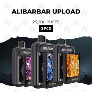 Three black Upload devices lined up on a dark backdrop; banner text reads 'ALIBARBAR UPLOAD', '25,000 PUFFS', and a black '3 PCS' badge.