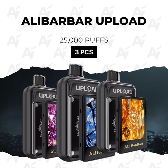 3 Pcs – Alibarbar Upload 25000 Puffs - Just Vapes Australia - Three Black Upload Devices Lined Up on a Dark Backdrop; Banner Text Reads 'alibarbar Upload', '25,000 Puffs', and a Black '3 Pcs' Badge.