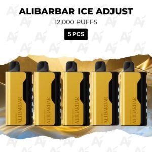 Five gold-and-black disposable vape devices lined up against a torn-gold background, with 'ALIBARBAR ICE ADJUST' at the top and '12,000 PUFFS' / '5 PCS' text in the image.