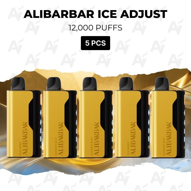 5 Pcs – Alibarbar Ice Adjust 12000 Puffs - Just Vapes Australia - Five Gold-and-black Disposable Vape Devices Lined Up Against a Torn-gold Background, with 'alibarbar Ice Adjust' at the Top and '12,000 Puffs' / '5 Pcs' Text in the Image.
