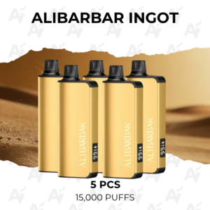 Five gold ALIBARBAR Ingot vape devices lined up together with a torn beige background; text reads ‘5 PCS’ and ‘15,000 Puffs’