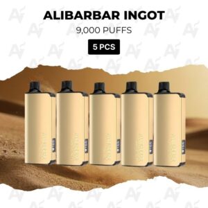 Five gold vape pod devices (Alibarbar Ingot) arranged in a row on a desert landscape with torn paper edges in the foreground/background, indicating a 5-pack option.