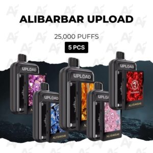 Five black Upload vape devices arranged across a dark landscape background; captions show 'ALIBARBAR UPLOAD', '25,000 PUFFS', and '5 PCS'