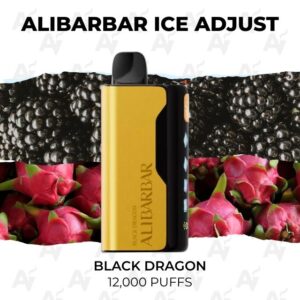 Disposal vape device labeled 'ALIBARBAR' Black Dragon with gold and black body, 12,000 puffs, front view against a floral background