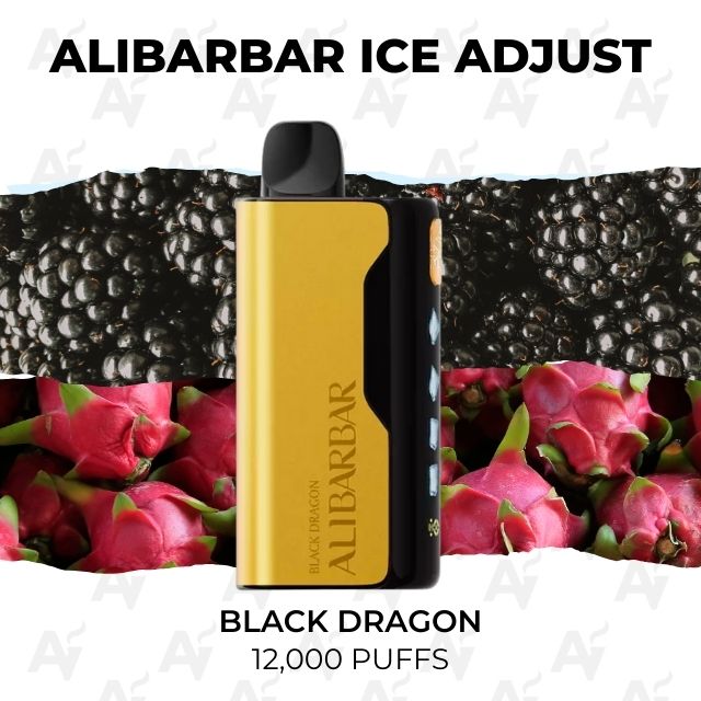 Alibarbar Ice Adjust Black Dragon 12000 Puffs - Just Vapes Australia - Disposal Vape Device Labeled 'alibarbar' Black Dragon with Gold and Black Body, 12,000 Puffs, Front View Against a Floral Background