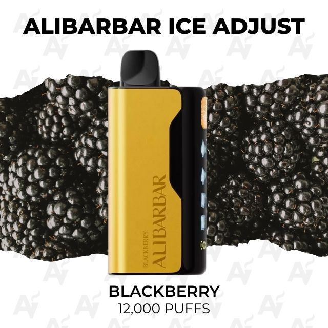 Alibarbar Ice Adjust Blackberry 12000 Puffs - Just Vapes Australia - Alibarbar-ice-adjust-12000-puffs-blackberry - Just Vapes Australia Alibarbar Ice Adjust Blackberry 12000 Puffs - Just Vapes Australia - Disposable Vape Pen Standing Upright in Front of a Blackberry Background, Gold Body with Black Cap, Labeled 'blackberry' and '12,000 Puffs'.