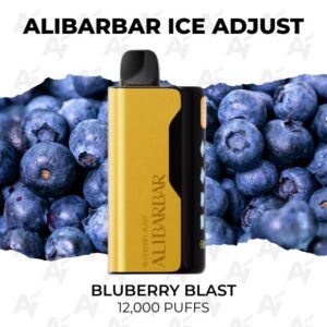 Gold and black vape device centered on a blueberry-filled background; flavor Blueberry Blast, 12,000 puffs (ice adjust feature hinted).