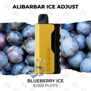 Disposable vape device in yellow and black labeled Alibarbar; blueberry ice flavor with blueberries in the background, 8,000 puffs.