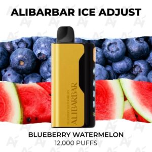 Disposable vape device (Alibarbar Ice Adjust) in yellow and black shown against a blueberry and watermelon background; flavor Blueberry Watermelon, 12,000 puffs.