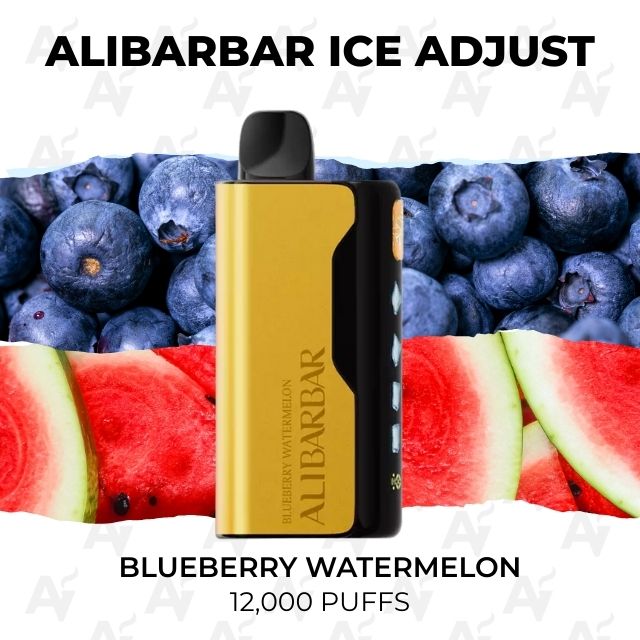 Alibarbar Ice Adjust Blueberry Watermelon 12000 Puffs - Just Vapes Australia - Alibarbar-ice-adjust-12000-puffs-blueberry-watermelon - Just Vapes Australia Alibarbar Ice Adjust Blueberry Watermelon 12000 Puffs - Just Vapes Australia - Disposable Vape Device (alibarbar Ice Adjust) in Yellow and Black Shown Against a Blueberry and Watermelon Background; Flavor Blueberry Watermelon, 12,000 Puffs.