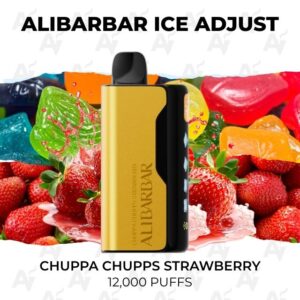 Gold and black vape device labeled ALIBARBAR ICE ADJUST on a strawberry background; strawberry flavor, 12,000 puffs.