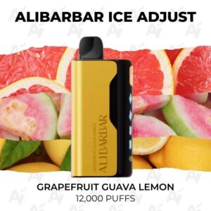 Vape device labeled ALIBARBAR ICE ADJUST against a background of grapefruit, guava, and lemon slices; flavor shown is Grapefruit Guava Lemon, 12,000 puffs.