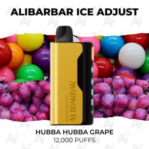 Vape pod device (gold and black) centered over a grape background, with text 'ALIBARBAR ICE ADJUST' and 'HUBBA HUBBA GRAPE, 12,000 PUFFS'