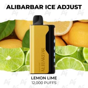 Vape pod device with gold and black finish labeled 'ALIBARBAR' against lemon and lime slices; flavor Lemon Lime, 12,000 puffs.
