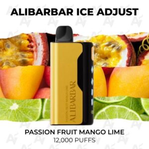 Gold and black vape device labeled ALIBARBAR ICE ADJUST with fruit slices (passion fruit, mango, lime) in the background and flavor text below the device, 12,000 puffs