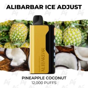 ALIBARBAR Ice Adjust vape device in gold and black against a pineapple background; Pineapple Coconut flavor, 12,000 puffs.