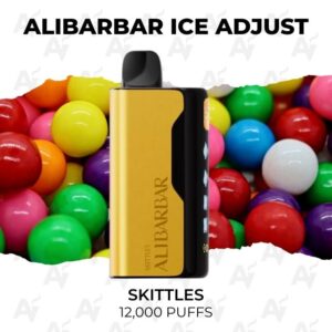 Vape pod with yellow and black body labeled 'ALIBARBAR ICE ADJUST' against a colorful Skittles backdrop, spec: 12,000 puffs (product photo).