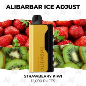 Vape device labeled ALIBARBAR ICE ADJUST against a strawberry and kiwi fruit background, flavor Strawberry Kiwi, 12,000 puffs.