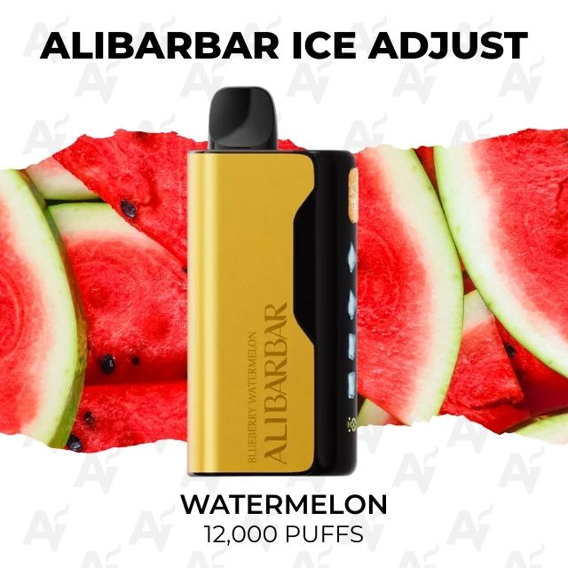 Alibarbar Ice Adjust Watermelon 12000 Puffs - Just Vapes Australia - Alibarbar-ice-adjust-12000-puffs-watermelon-1 - Just Vapes Australia Alibarbar Ice Adjust Watermelon 12000 Puffs - Just Vapes Australia - Alibarbar Ice Adjust Vape Device with a Gold Front on a Watermelon Background; Flavor Watermelon, 12,000 Puffs.