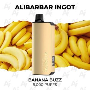 Gold banana-flavored vape device labeled 'Banana Buzz' with 9,000 puffs, standing upright against a background of bananas.