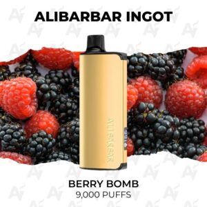 Gold vape device labeled ALIBARBAR INGOT center, with red raspberries and blackberries in the background, Berry Bomb flavor.