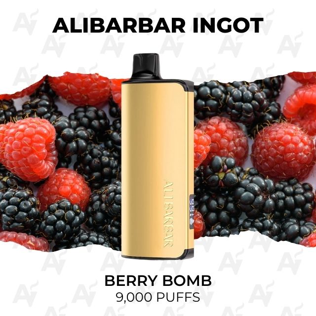 Alibarbar Ingot 9000 Puffs Berry Bomb - Just Vapes Australia - Alibarbar-ingot-9000-puffs-berry-bomb - Just Vapes Australia Alibarbar Ingot 9000 Puffs Berry Bomb - Just Vapes Australia - Gold Vape Device Labeled Alibarbar Ingot Center, with Red Raspberries and Blackberries in the Background, Berry Bomb Flavor.