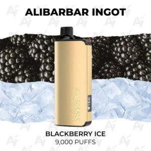 Gold disposable vape device standing upright with a blackberry ice background; label reads BLACKBERRY ICE, 9,000 Puffs.