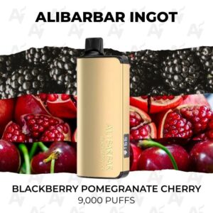 Gold vape device centered on a fruit collage (blackberries, pomegranate, cherries) labeled Blackberry Pomegranate Cherry, 9,000 puffs.