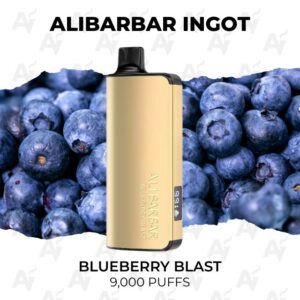 Gold vape device labeled 'Blueberry Blast' stands upright against a blueberry-filled background, advertising 9,000 puffs.