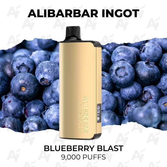 Alibarbar Ingot 9000 Puffs Blueberry Blast - Just Vapes Australia - Gold Vape Device Labeled 'blueberry Blast' Stands Upright Against a Blueberry-filled Background, Advertising 9,000 Puffs.