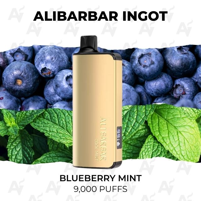 Alibarbar Ingot 9000 Puffs Blueberry Mint - Just Vapes Australia - Gold Vape Device Standing Upright Against a Backdrop of Blueberries and Mint Leaves, Labeled 'blueberry Mint' 9,000 Puffs.