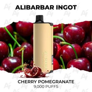 Gold ALIBARBAR INGOT vape pod with black mouthpiece, cherry-pomegranate flavor, 9,000 puffs, set against a cherry background.