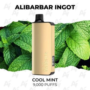 Gold Alibarbar Ingot vape device upright against mint leaves, labeled 'Cool Mint' and '9,000 puffs'