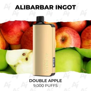 Gold vape device centered against an apple-filled background, advertising Double Apple flavor and 9,000 puffs.