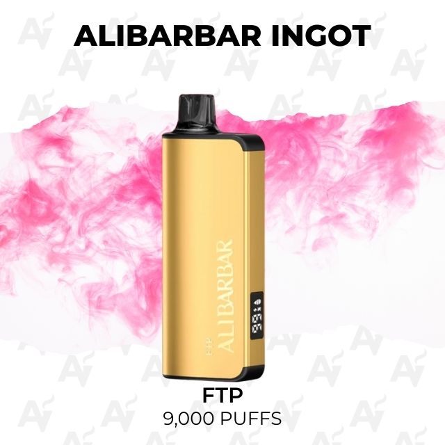 Alibarbar Ingot 9000 Puffs Ftp - Just Vapes Australia - Alibarbar-ingot-9000-puffs-ftp - Just Vapes Australia Alibarbar Ingot 9000 Puffs Ftp - Just Vapes Australia - Gold Vape Pod with Black Mouthpiece, Alibarbar Ingot Branding, Pink Vapor Backdrop.