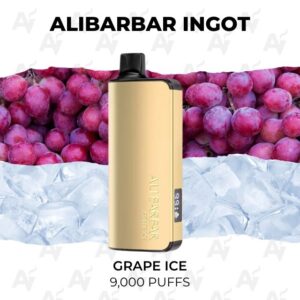 Gold Alibarbar Ingot vape device standing upright, with a grape ice flavor background of grapes and ice, labeled 'GRAPE ICE' and '9,000 PUFFS'