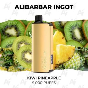 Gold disposable vape in front of a kiwi-pineapple fruit collage, flavor Kiwi Pineapple, 9,000 puffs; brand name at top.