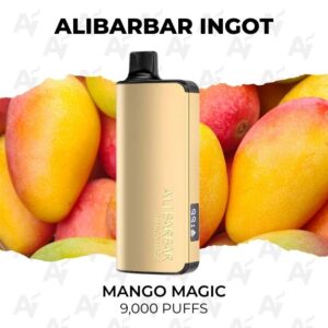 Gold vape device with black mouthpiece standing upright, mango background; labeled Mango Magic and 9,000 puffs.