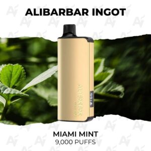 Alibarbar Ingot 9000 Puffs Miami Mint - Just Vapes Australia - Alibarbar-ingot-9000-puffs-miami-mint - Just Vapes Australia Alibarbar Ingot 9000 Puffs Miami Mint - Just Vapes Australia - Gold Alibarbar Ingot Vape Device Centered with a Minty Green Background; Miami Mint — 9,000 Puffs Text Visible.