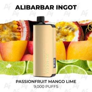 Gold Alibarbar Ingot pod vape centered on a fruit collage; flavor Passionfruit Mango Lime, 9,000 puffs.