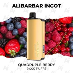 Gold vape device centered against a berry collage background, with the label 'Quadruple Berry' and '9,000 Puffs' displayed as product text.