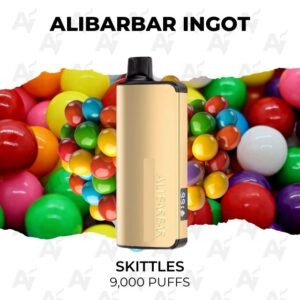 Alibarbar Ingot vape device in front of a colorful Skittles pile, captioned 'SKITTLES' and '9,000 PUFFS'.